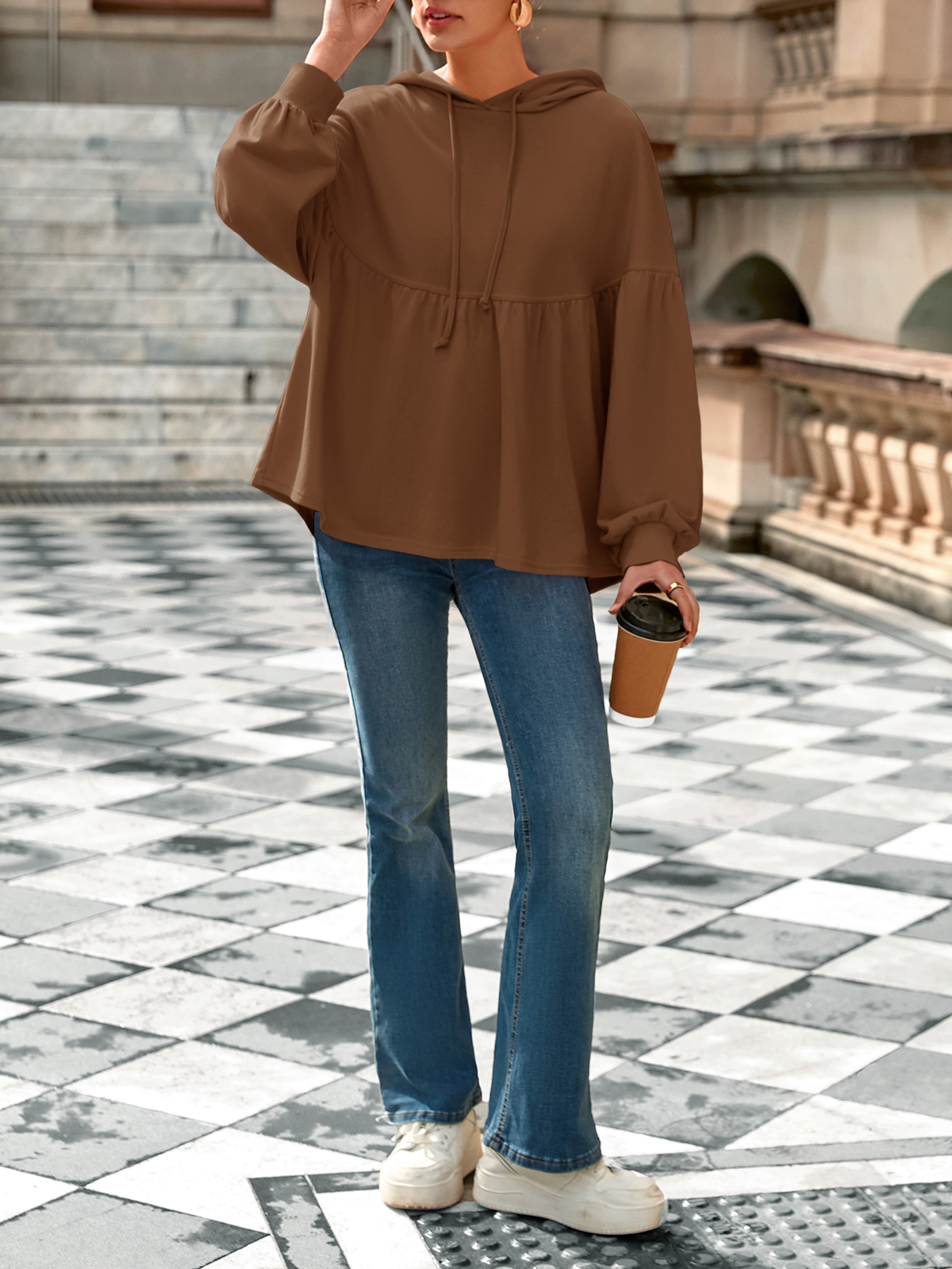 Lantern Long Sleeve Drawstring Peplum Hem Hoodies