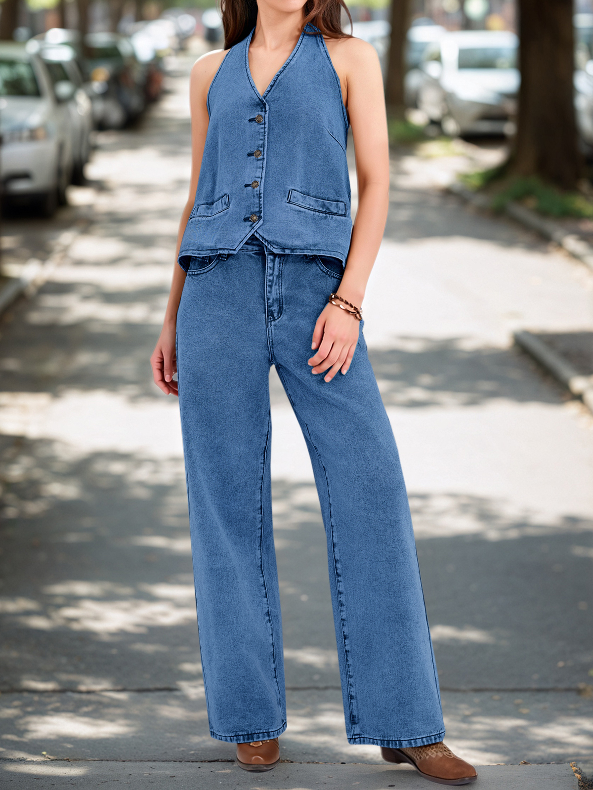 Two Piece Denim Set Button Down Backless Tank Top and Wide Leg Jeans 2 Piece Outfit Suits
