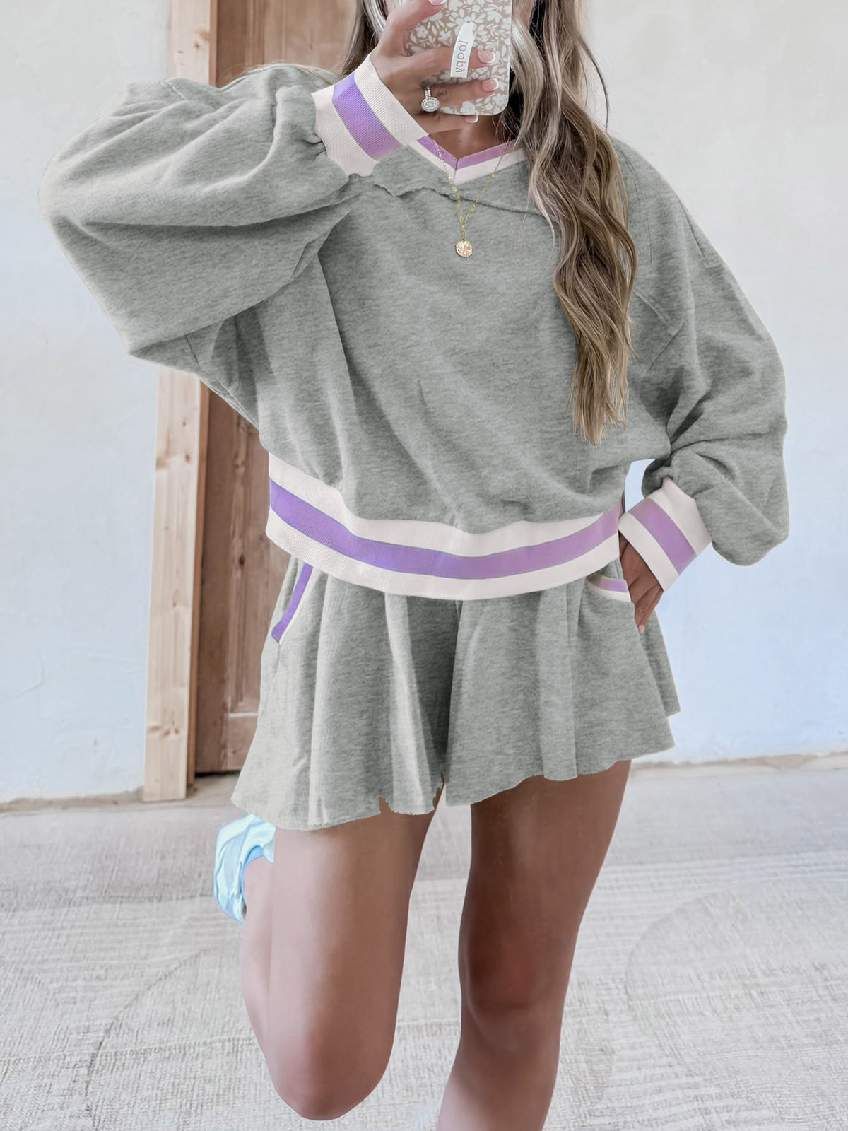 Womens Cropped Sweatshirt Loose Shorts Casual 2 Piece Lounge Sets