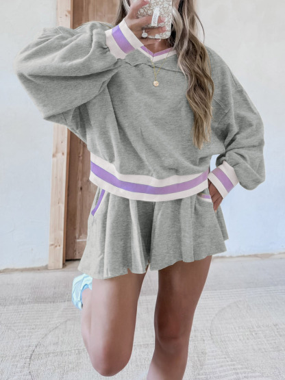 Womens Cropped Sweatshirt Loose Shorts Casual 2 Piece Lounge Sets