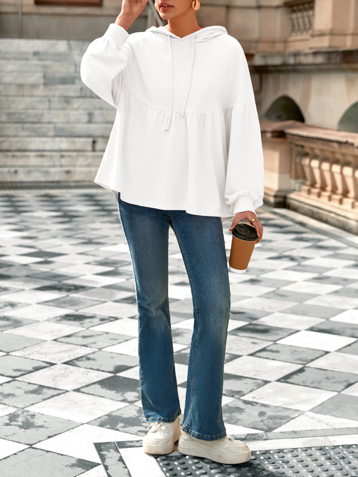 Lantern Long Sleeve Drawstring Peplum Hem Hoodies