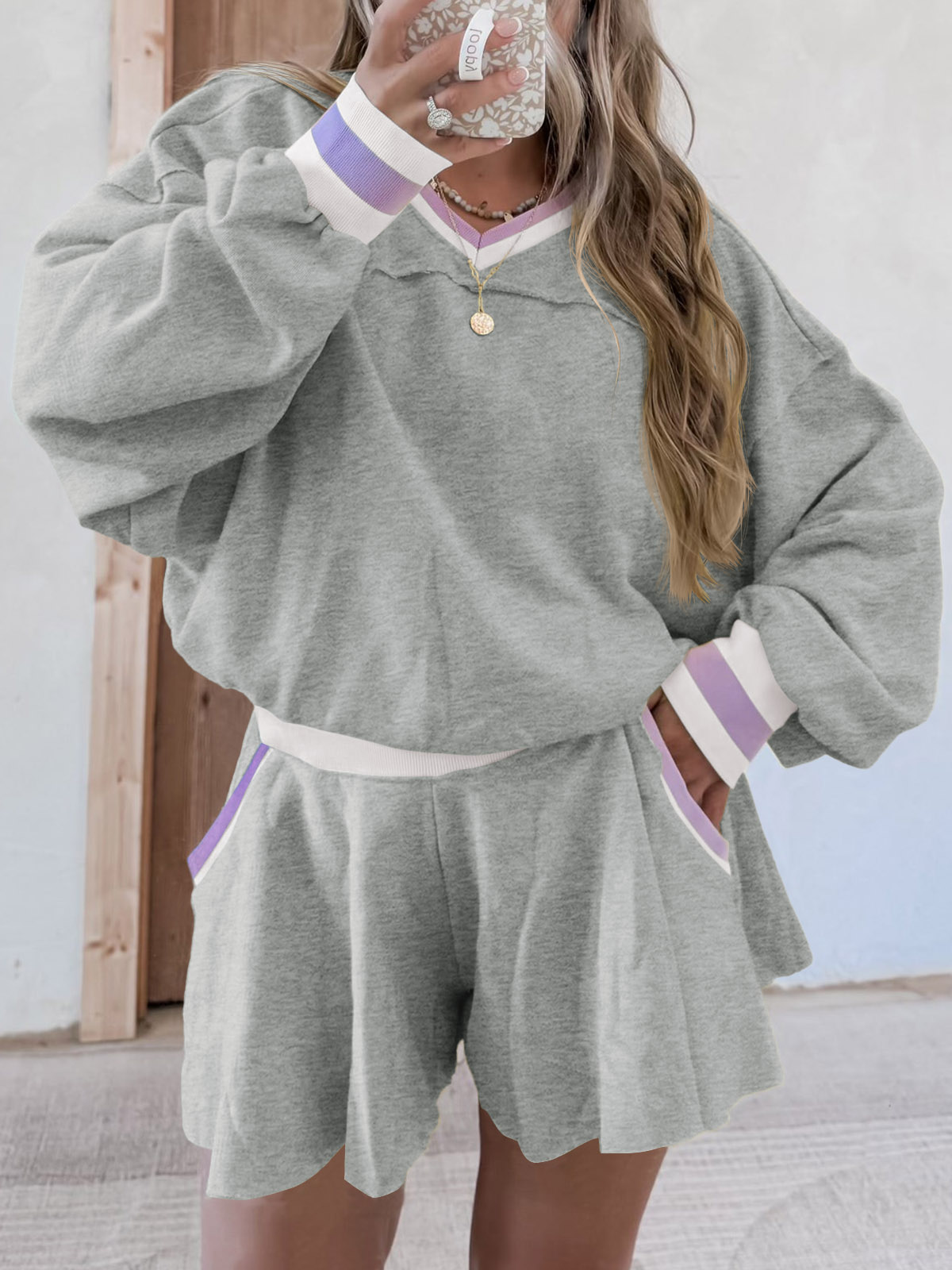 Womens Cropped Sweatshirt Loose Shorts Casual 2 Piece Lounge Sets