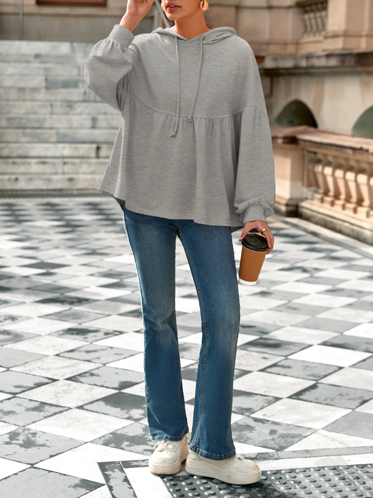 Lantern Long Sleeve Drawstring Peplum Hem Hoodies