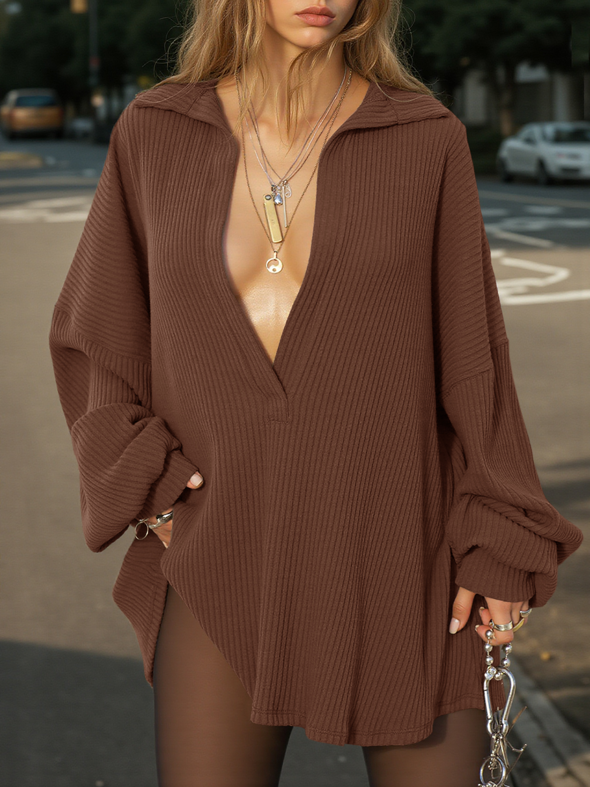 Womens Oversized Deep V Neck Sweatshirts Casual Collared Long Sleeve Ribbed Knit Pullover Tops