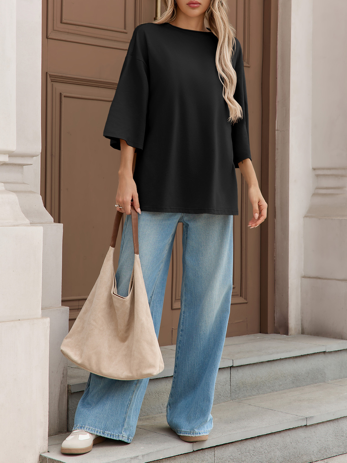 Casual Oversized 3/4 Sleeve Summer Loose Side Slit T Shirts