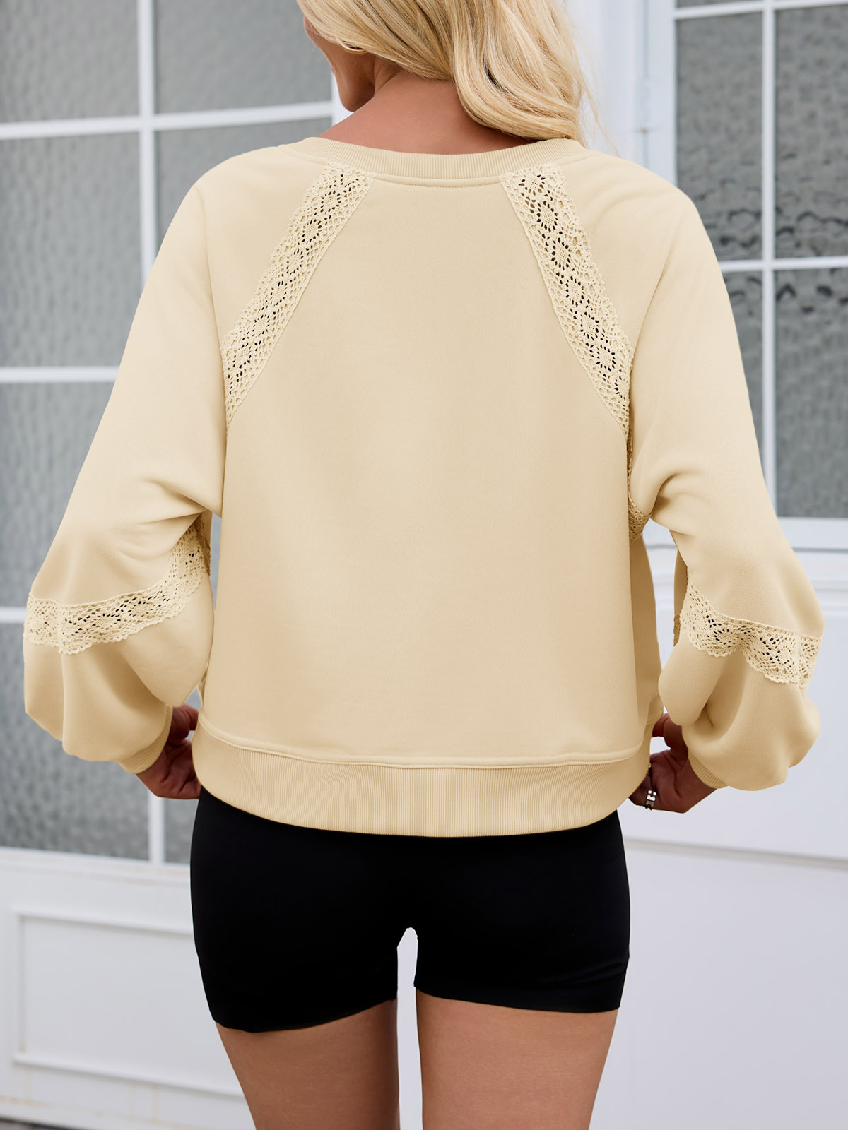 Casual V Neck Lace Lantern Long Sleeve Loose Fall Sweatshirt