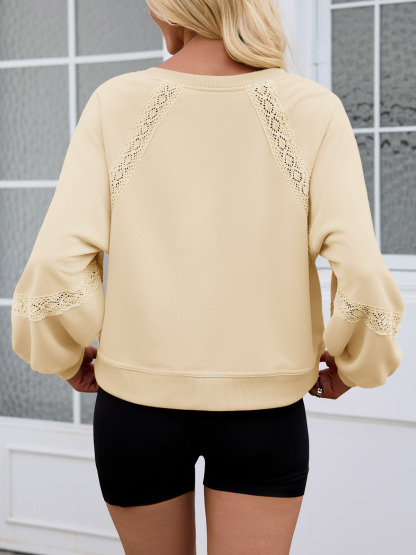 Casual V Neck Lace Lantern Long Sleeve Loose Fall Sweatshirt