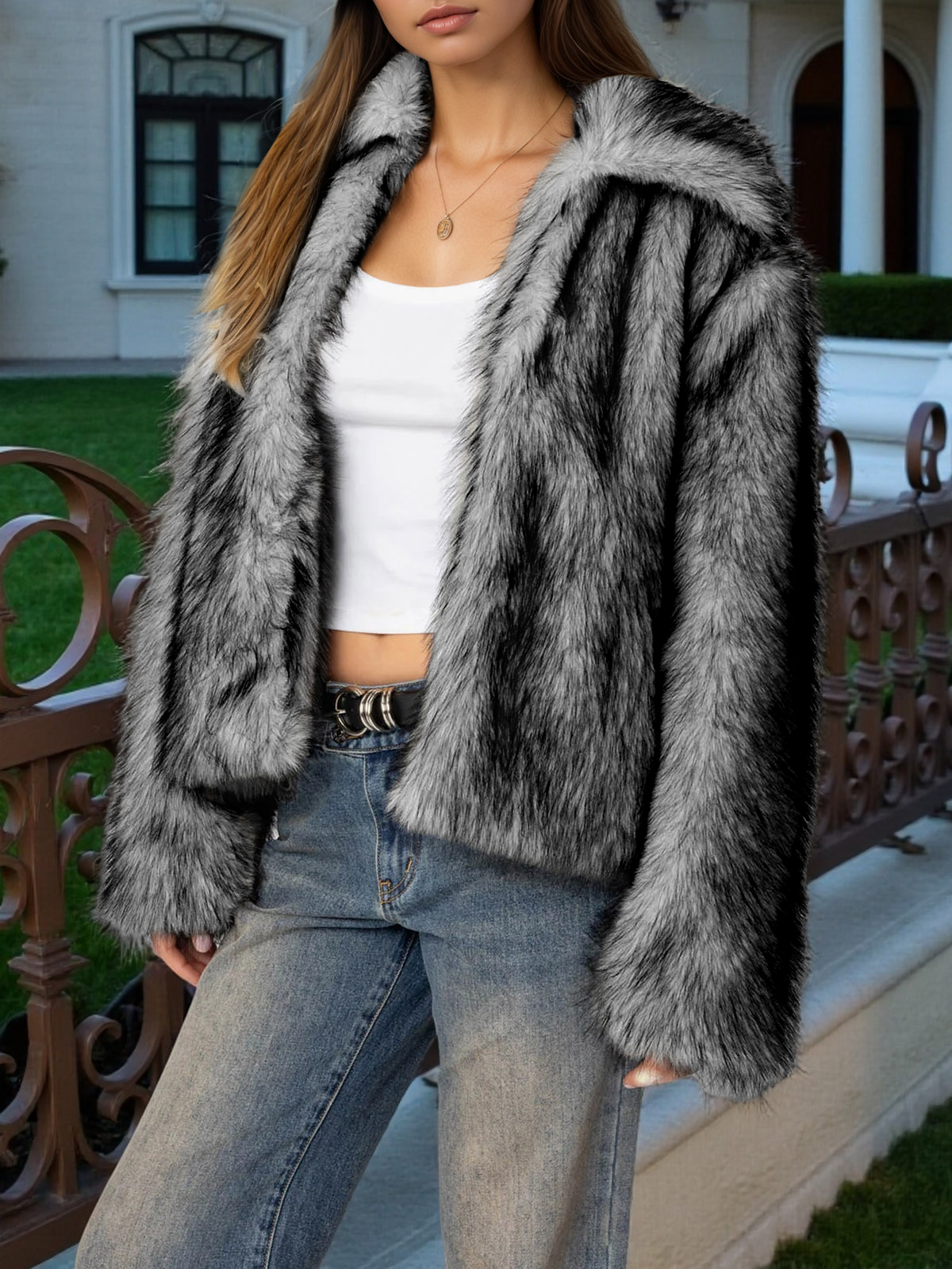Casual Long Sleeve Open Front Shaggy Warm Faux Fur Jackets