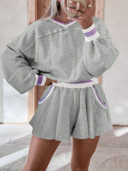 Womens Cropped Sweatshirt Loose Shorts Casual 2 Piece Lounge Sets