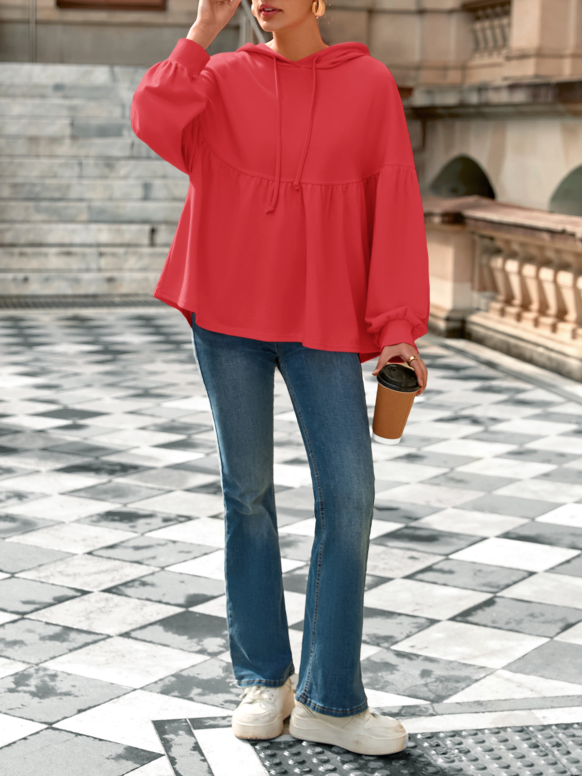 Lantern Long Sleeve Drawstring Peplum Hem Hoodies