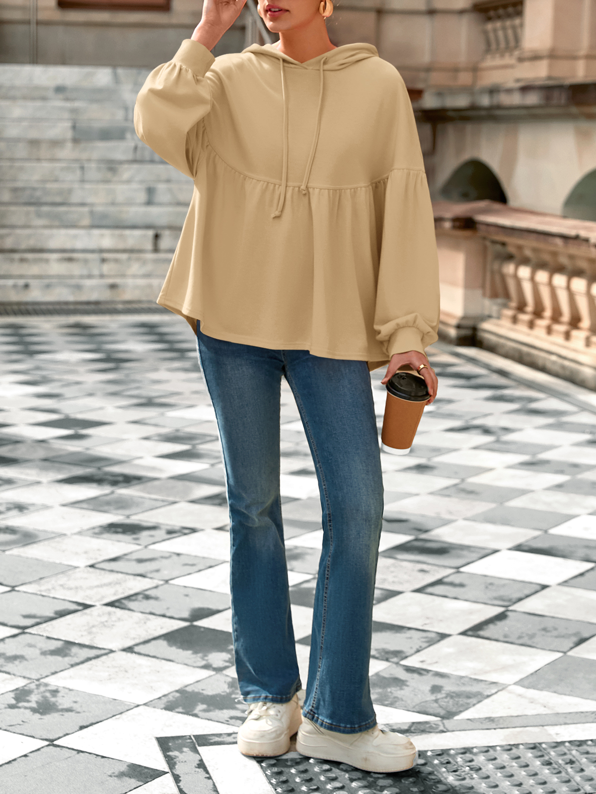 Lantern Long Sleeve Drawstring Peplum Hem Hoodies