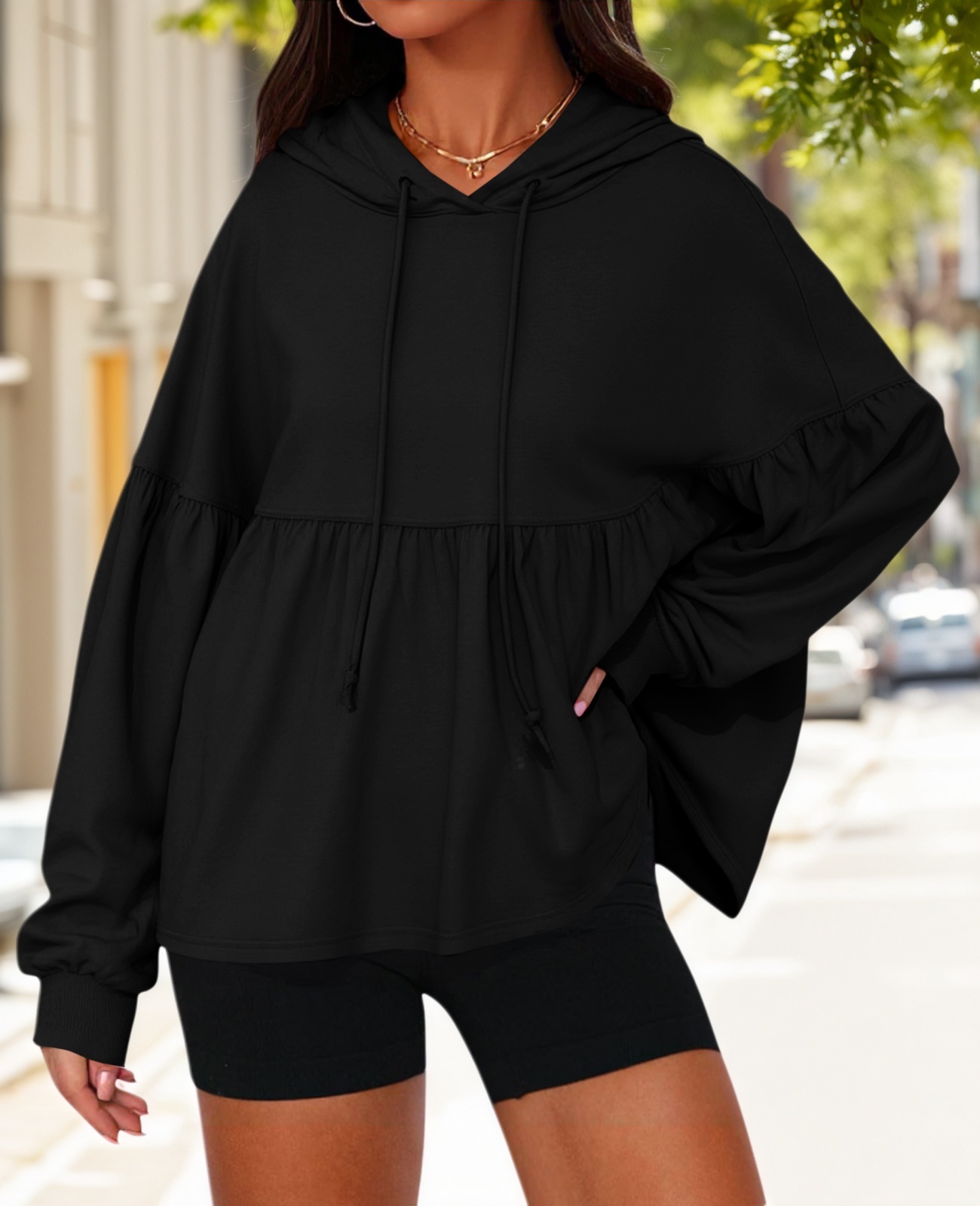 Lantern Long Sleeve Drawstring Peplum Hem Hoodies