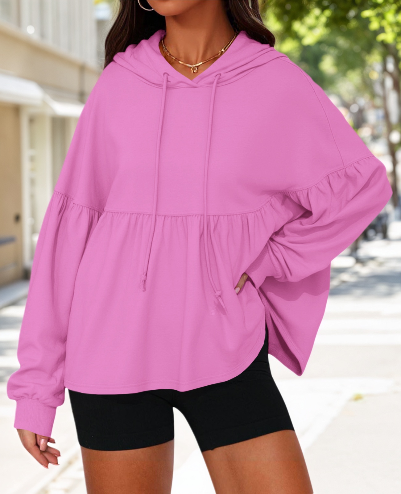 Lantern Long Sleeve Drawstring Peplum Hem Hoodies