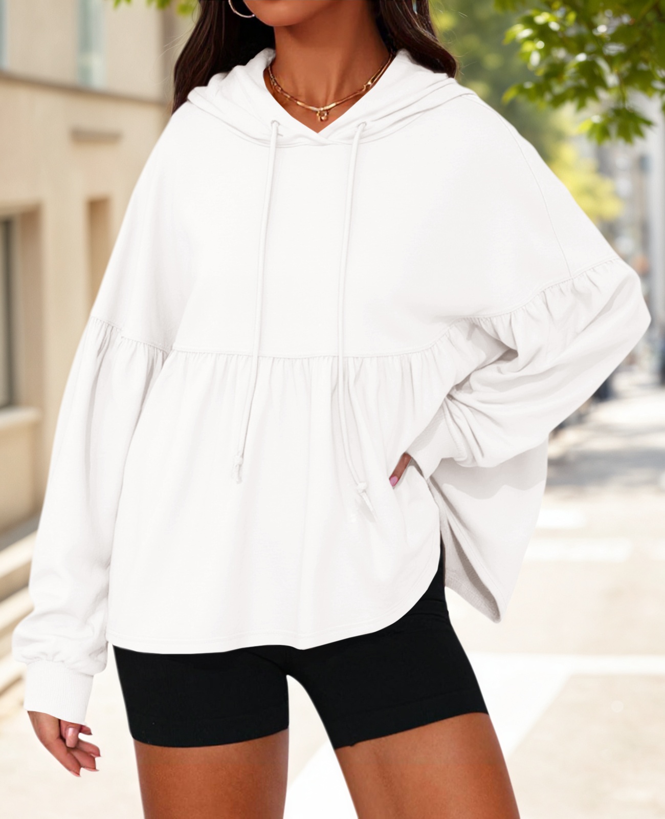 Lantern Long Sleeve Drawstring Peplum Hem Hoodies