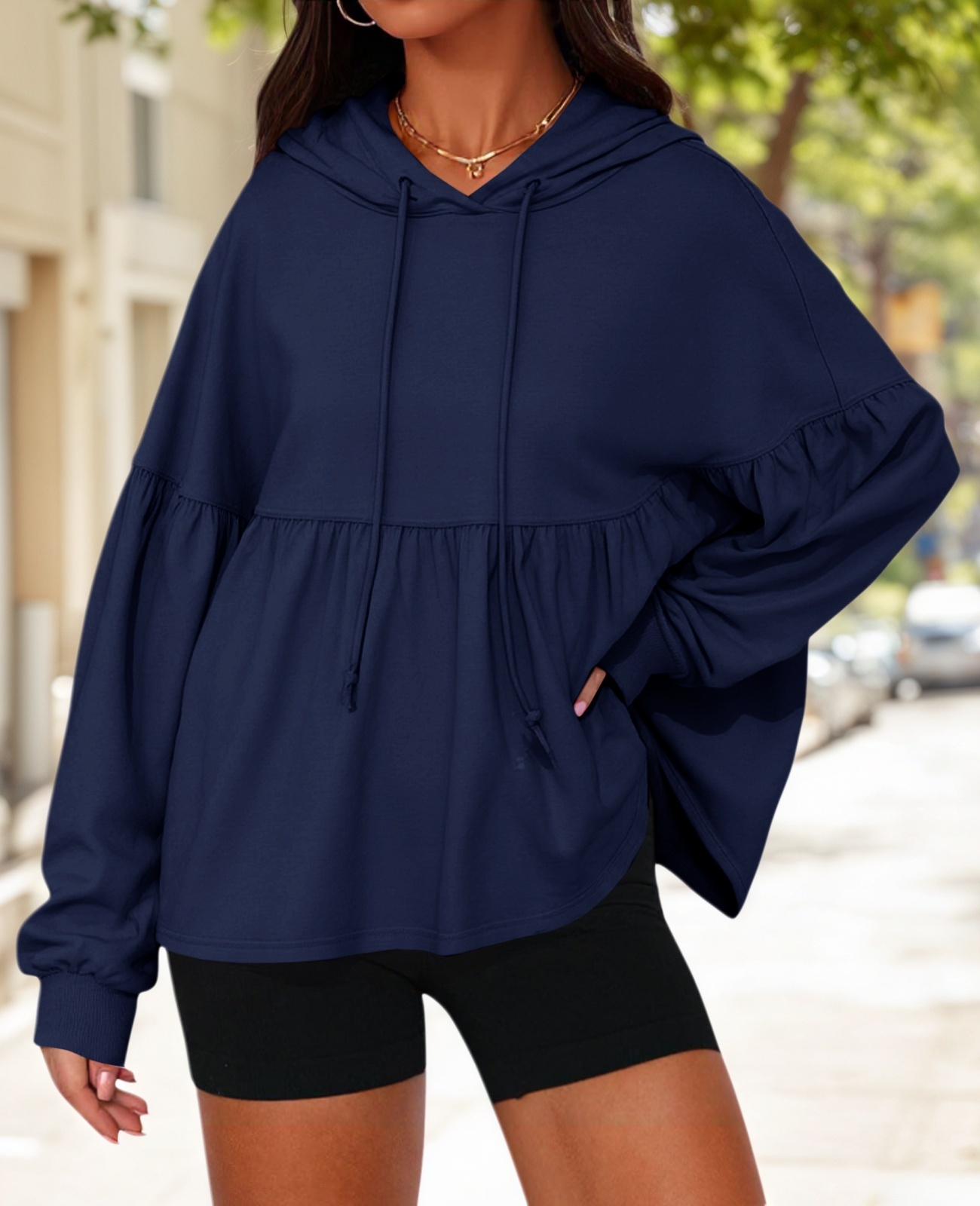 Lantern Long Sleeve Drawstring Peplum Hem Hoodies