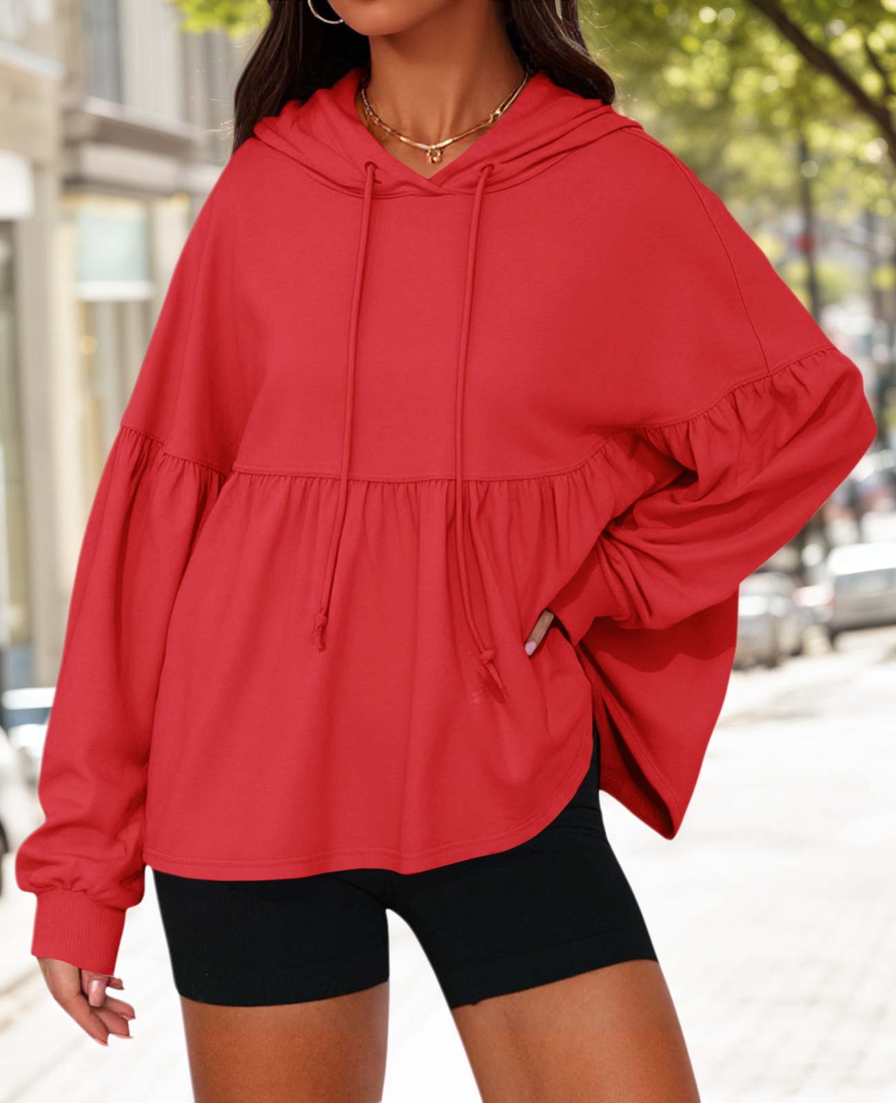 Lantern Long Sleeve Drawstring Peplum Hem Hoodies