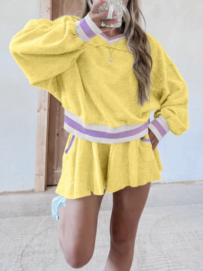 Womens Cropped Sweatshirt Loose Shorts Casual 2 Piece Lounge Sets