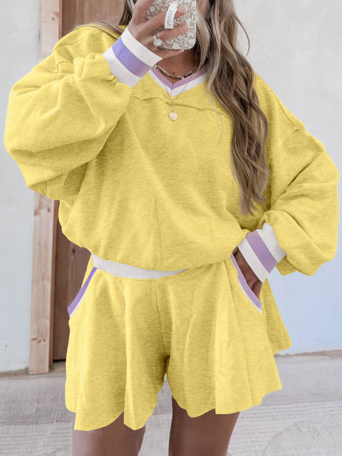 Womens Cropped Sweatshirt Loose Shorts Casual 2 Piece Lounge Sets