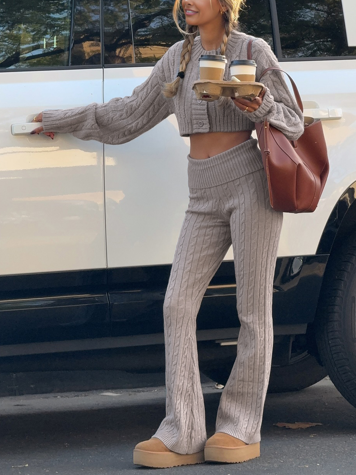 Button Cardigan High Waist Pants Knit Texture Sweater Sets