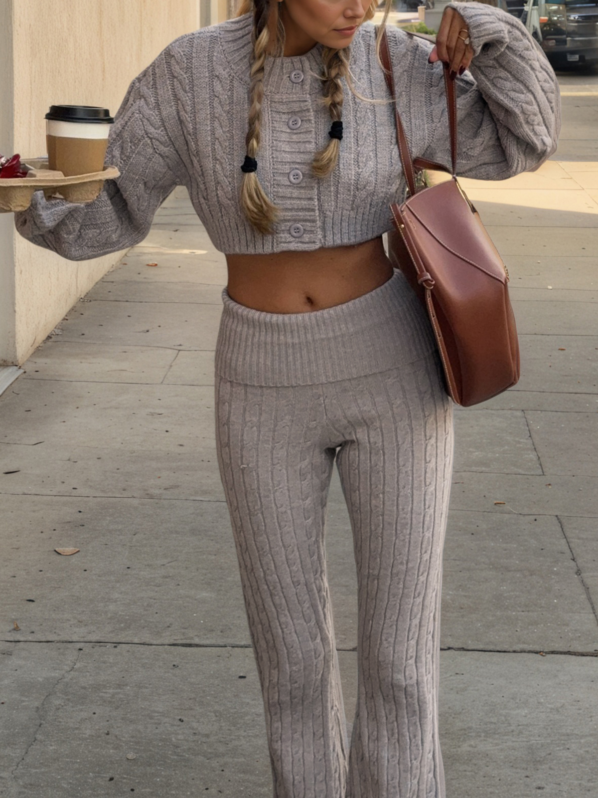 Button Cardigan High Waist Pants Knit Texture Sweater Sets