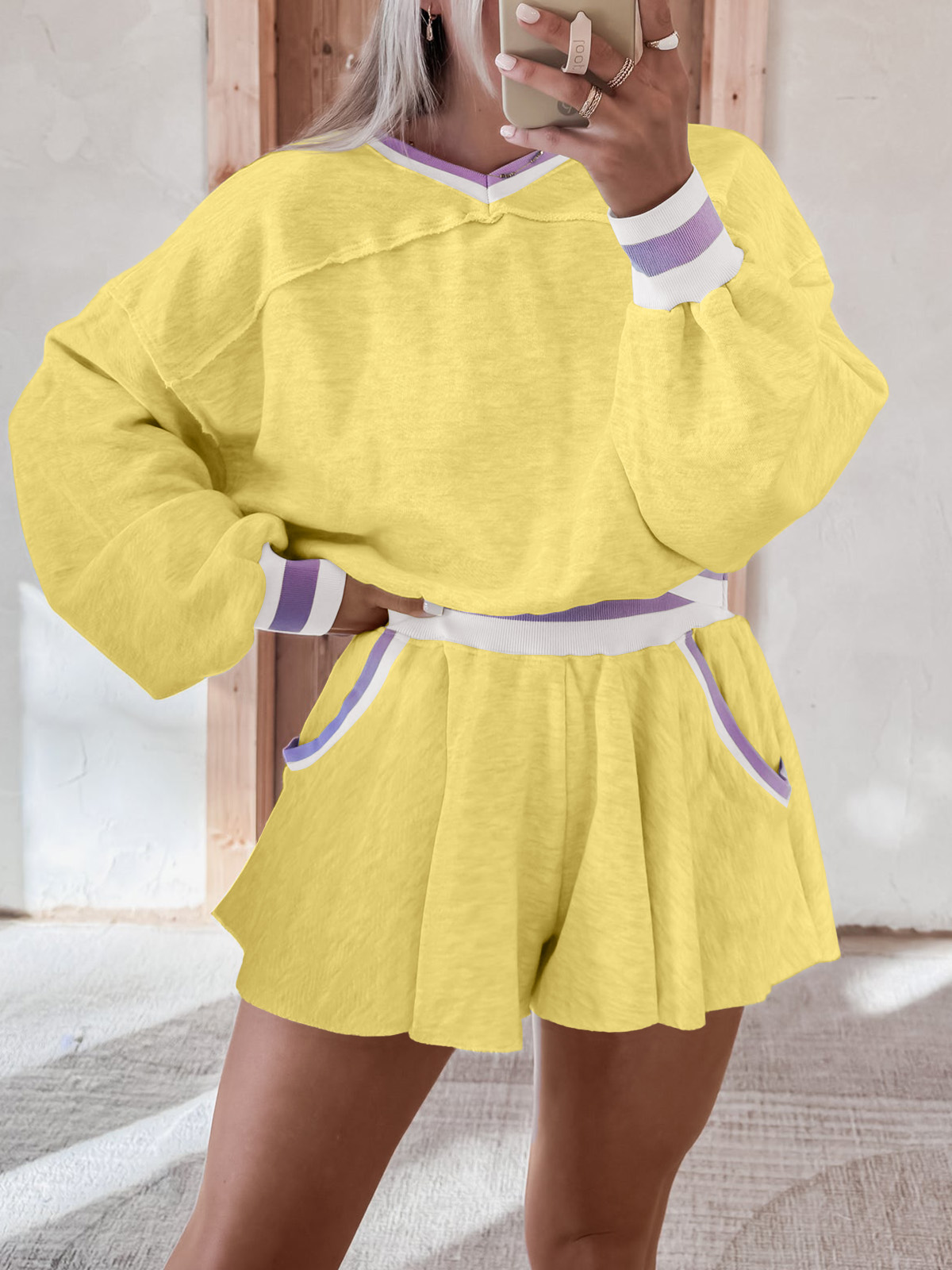 Womens Cropped Sweatshirt Loose Shorts Casual 2 Piece Lounge Sets