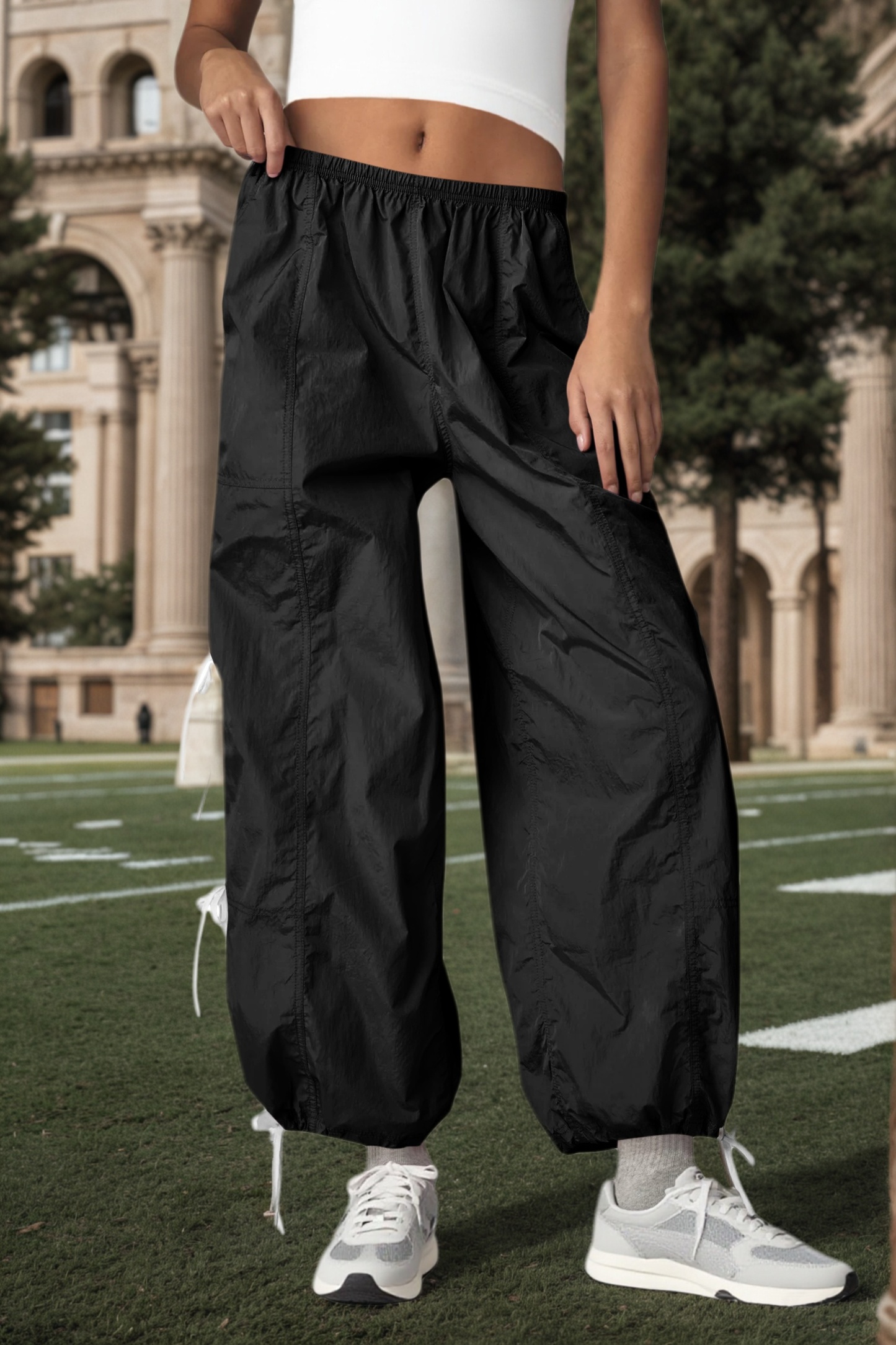 Womens Wide Leg Track Pants Casual Elastic Waist Bow Tie Y2K Baggy Sweatpants with Pockets