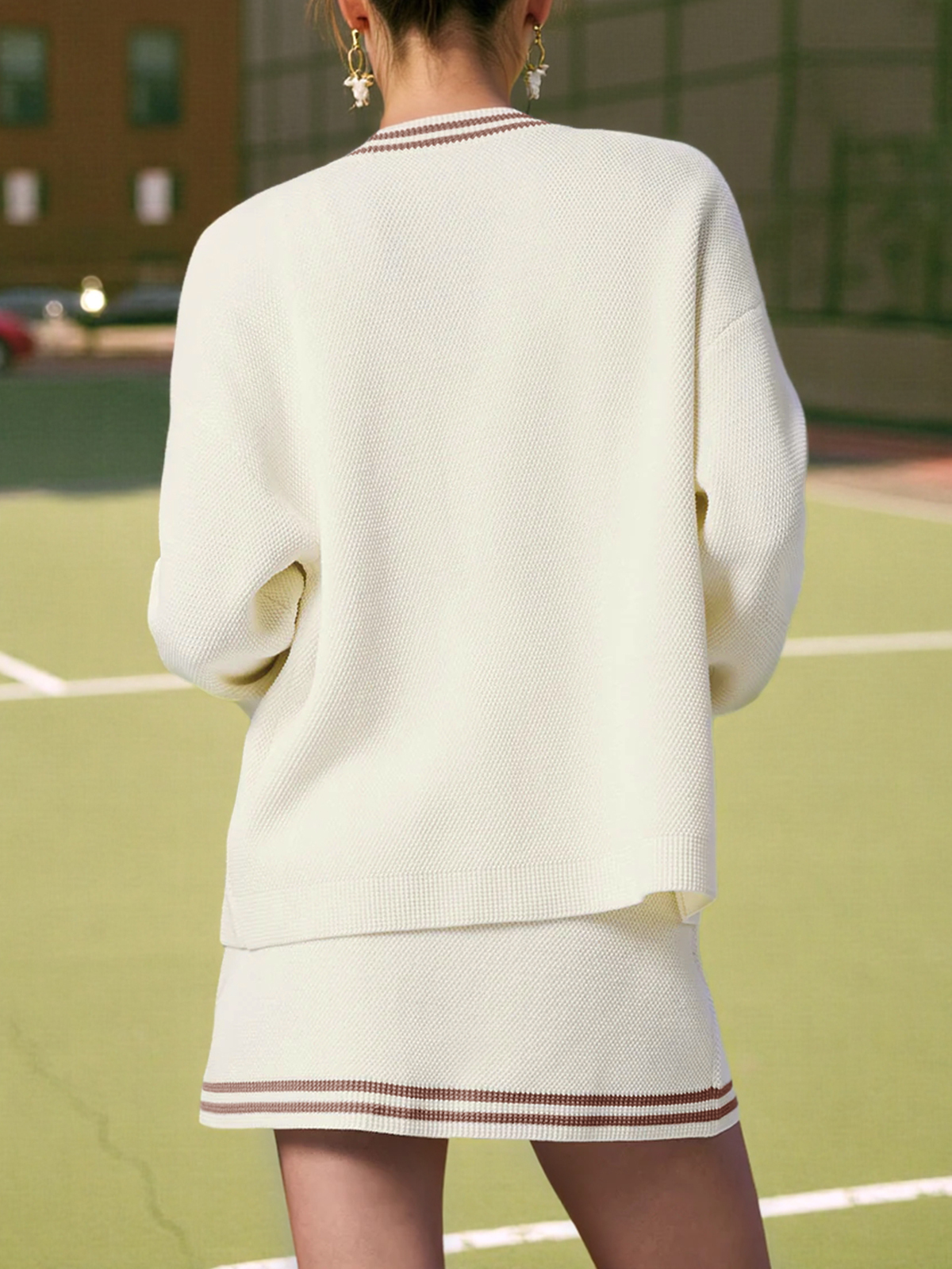 Button Front Cardigan High Waisted Skirts Workout Knit 3 Piece Sets