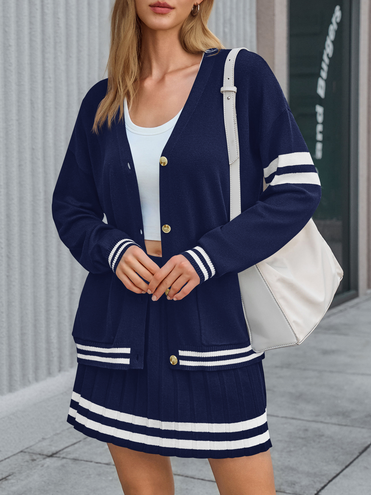 Women Button Down Knit Cardigan Sweaters Pleated Skirt Sets 2 Piece Outfits