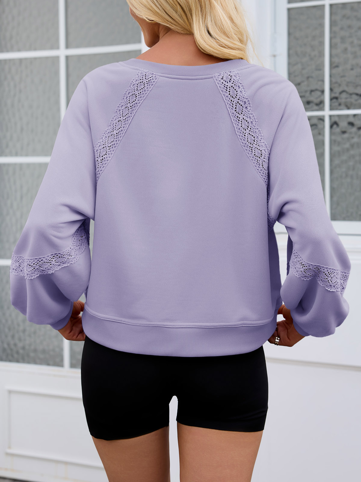 Casual V Neck Lace Lantern Long Sleeve Loose Fall Sweatshirt