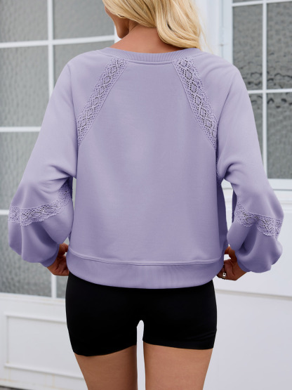Casual V Neck Lace Lantern Long Sleeve Loose Fall Sweatshirt
