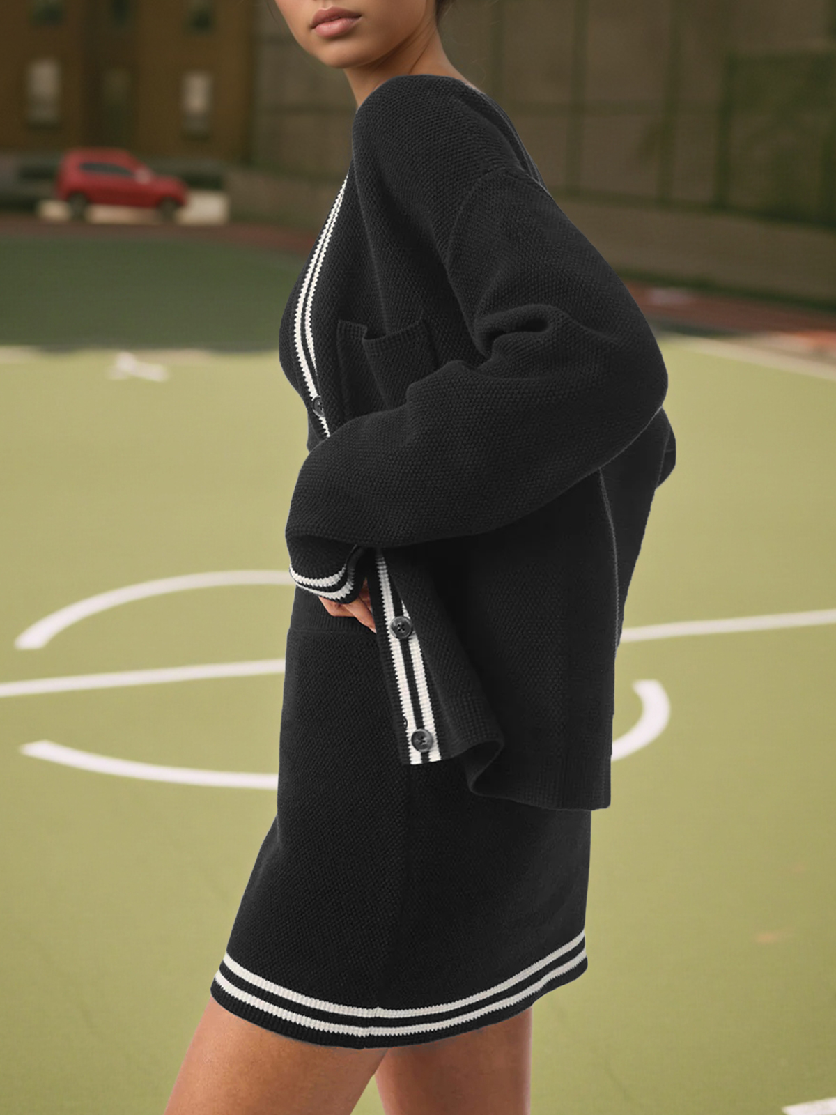 Button Front Cardigan High Waisted Skirts Workout Knit 3 Piece Sets