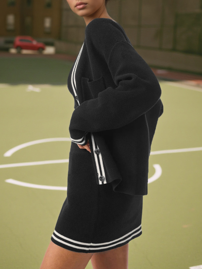 Button Front Cardigan High Waisted Skirts Workout Knit 3 Piece Sets