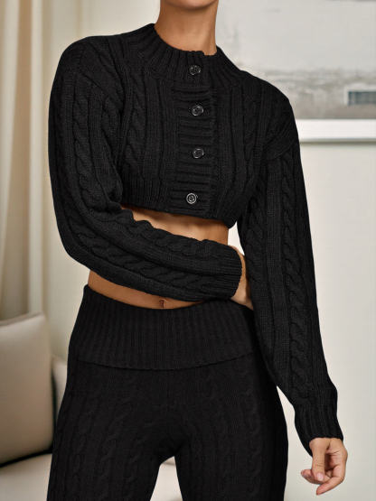 Button Cardigan High Waist Pants Knit Texture Sweater Sets