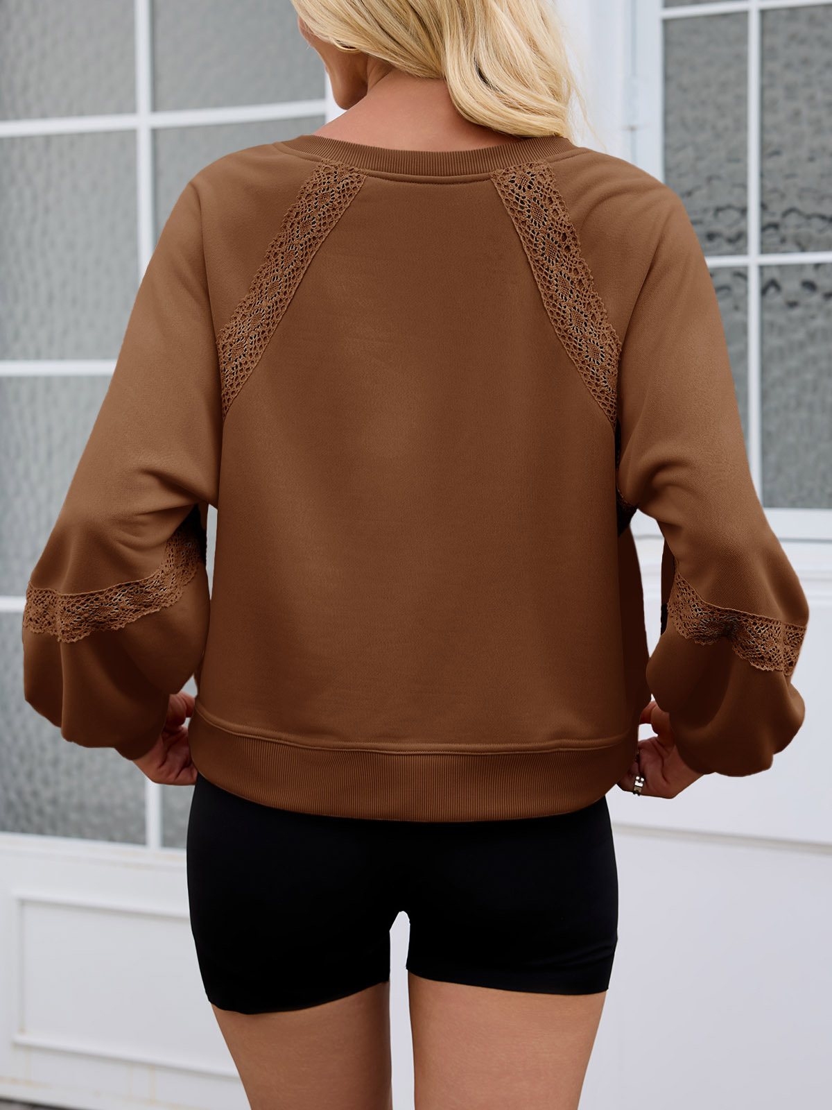 Casual V Neck Lace Lantern Long Sleeve Loose Fall Sweatshirt