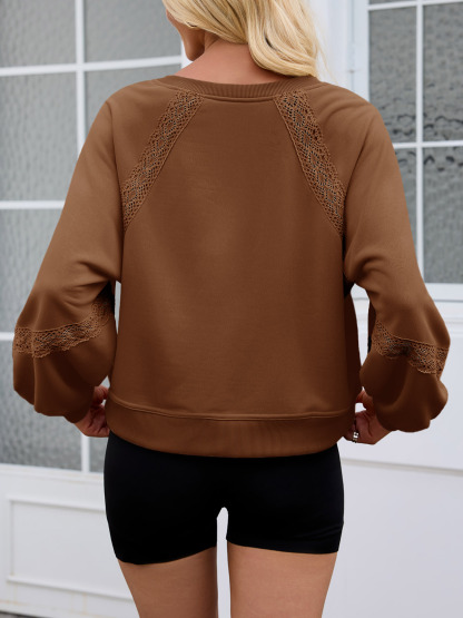 Casual V Neck Lace Lantern Long Sleeve Loose Fall Sweatshirt