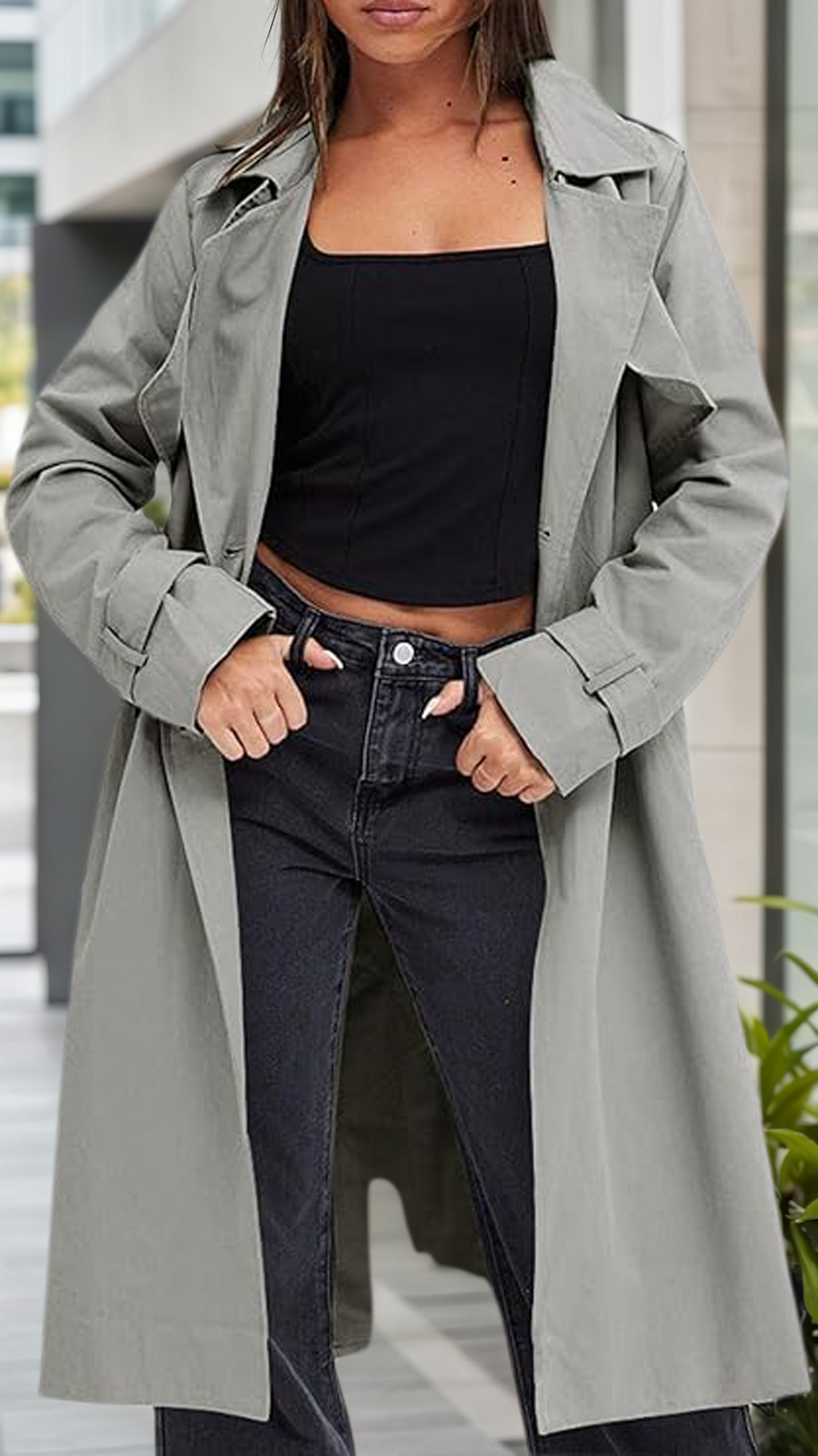 Fisoew Women's Double Breasted Trench Coats Causal Windproof Long Lapel Pocketed Overcoat with Belt