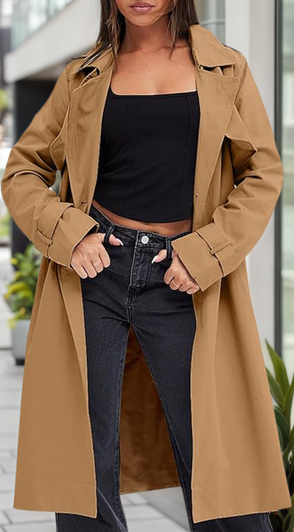 Fisoew Women's Double Breasted Trench Coats Causal Windproof Long Lapel Pocketed Overcoat with Belt