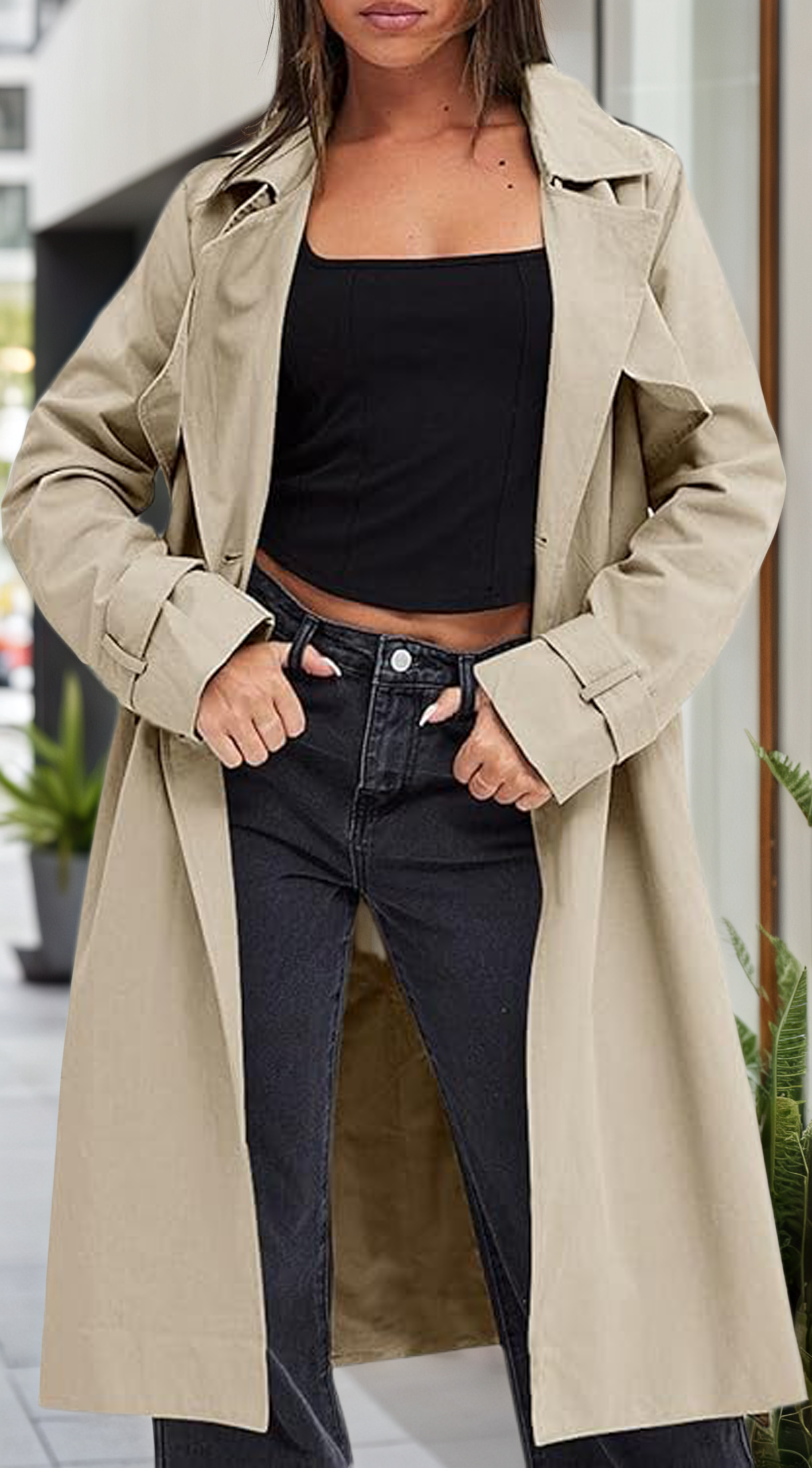 Fisoew Women's Double Breasted Trench Coats Causal Windproof Long Lapel Pocketed Overcoat with Belt