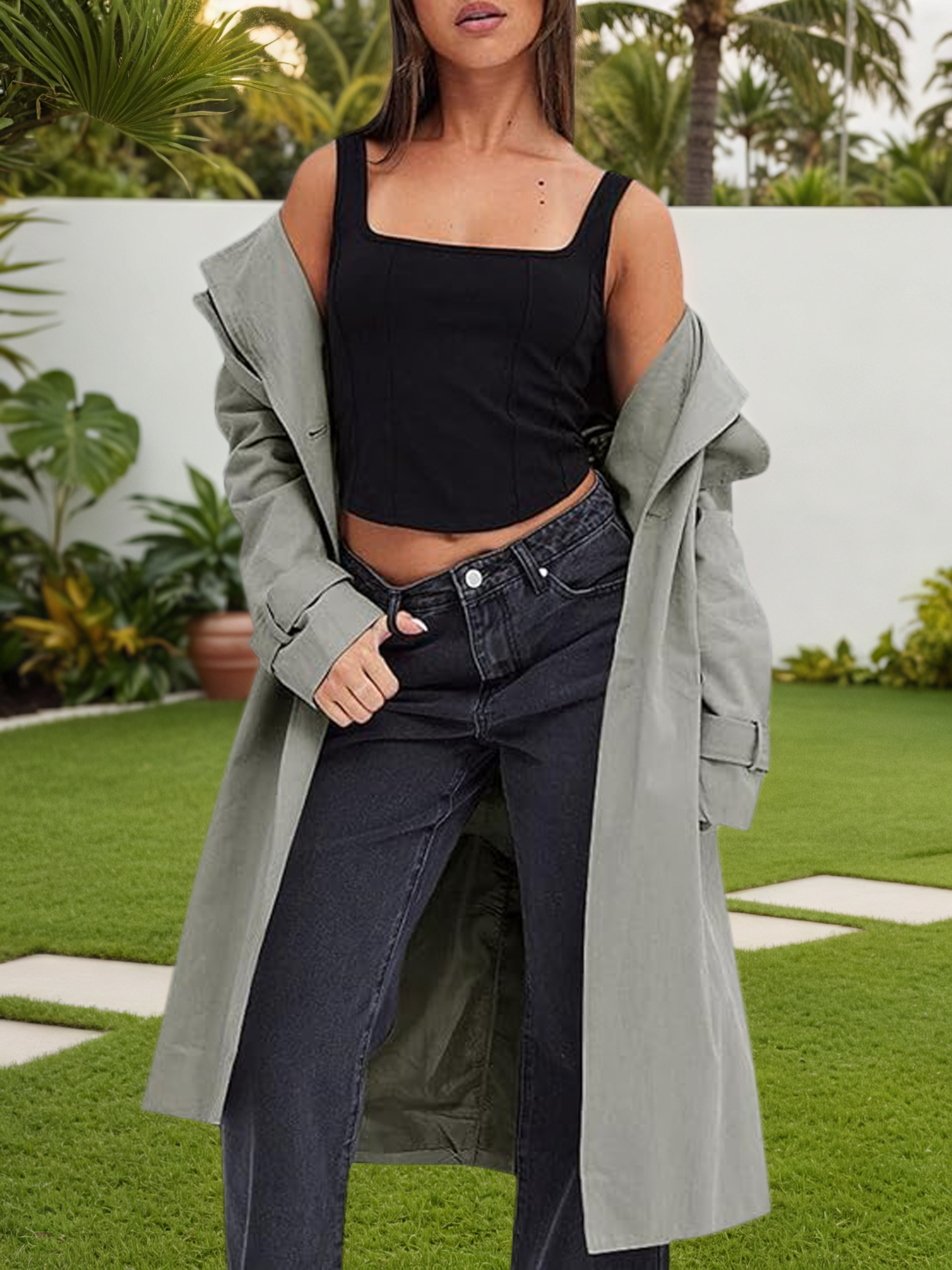 Fisoew Women's Double Breasted Trench Coats Causal Windproof Long Lapel Pocketed Overcoat with Belt