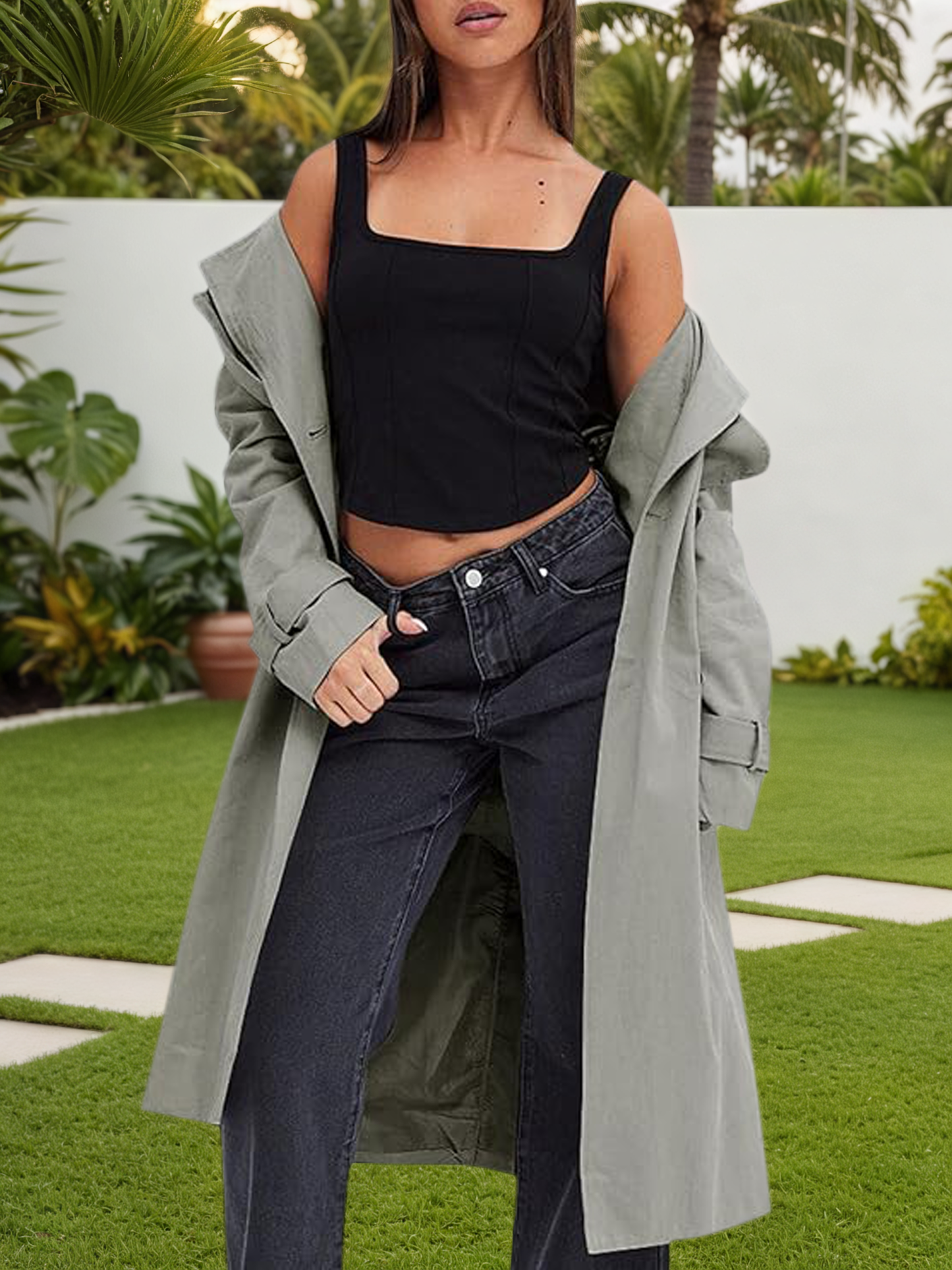 Fisoew Women's Double Breasted Trench Coats Causal Windproof Long Lapel Pocketed Overcoat with Belt