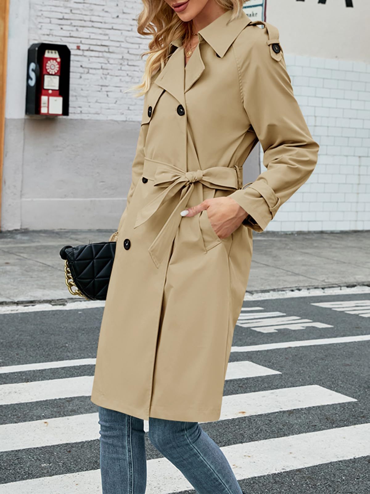 Women's Double Breasted Long Trench Coat Windproof Classic Lapel Slim Overcoat with Belt