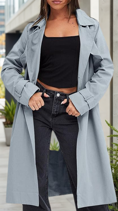 Fisoew Women's Double Breasted Trench Coats Causal Windproof Long Lapel Pocketed Overcoat with Belt