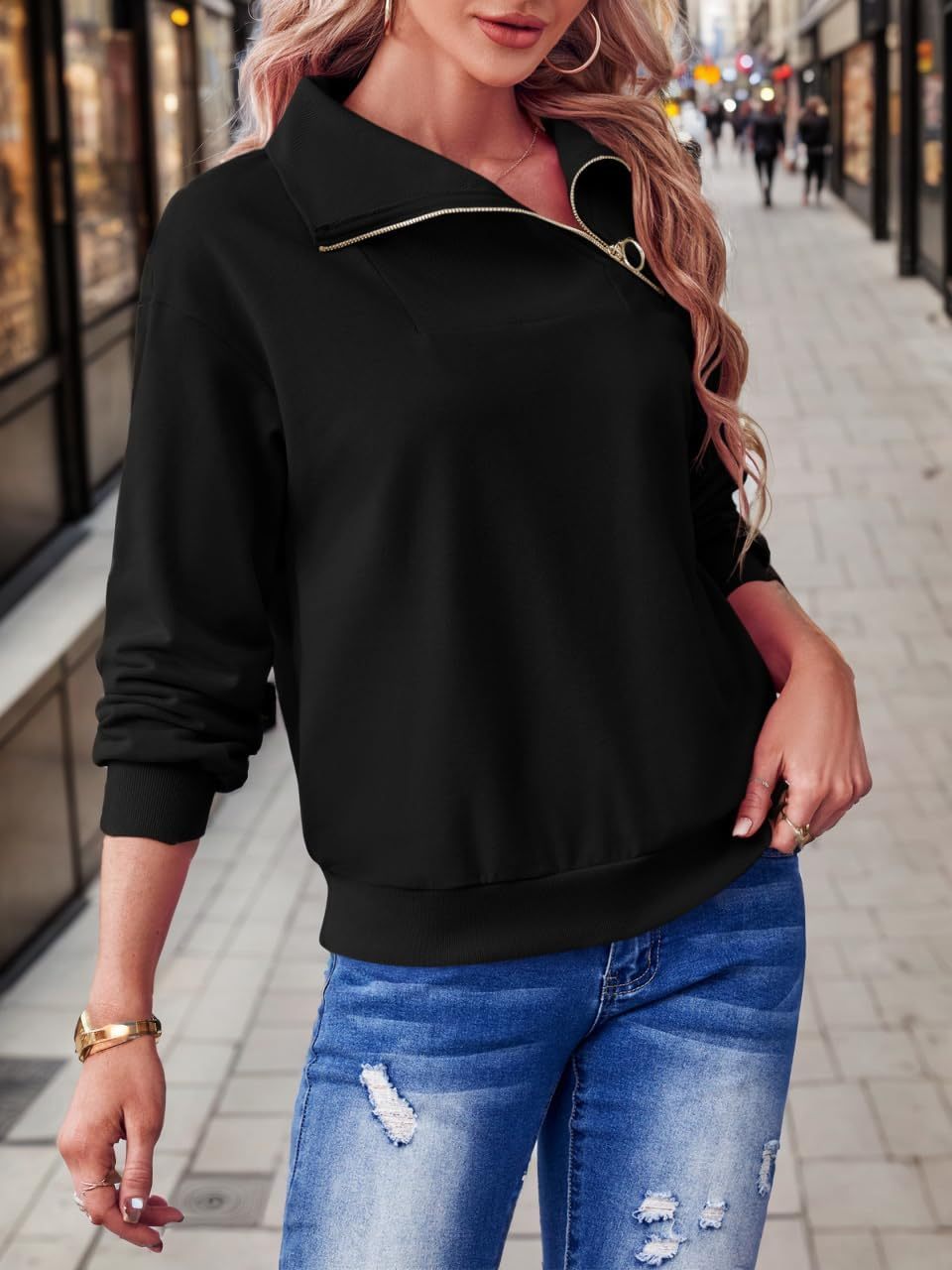 Casual Zipper Long Sleeve Turtleneck Loose Sweatshirt