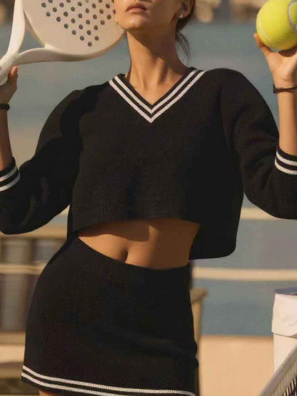 Womens Casual 2 Piece Outfits V Neck Knit Sweater Mini Skirt Sets