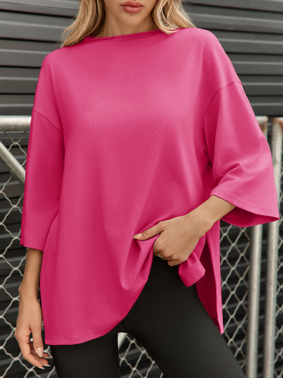 Casual Oversized 3/4 Sleeve Summer Loose Side Slit T Shirts