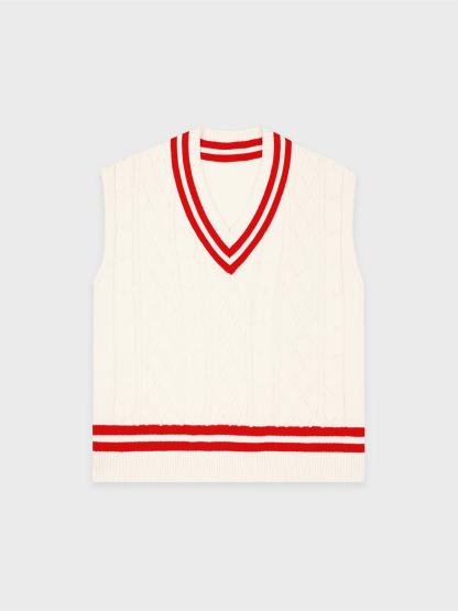 V Neck Knit Vest Pleated Contrast Color Skirt Sets