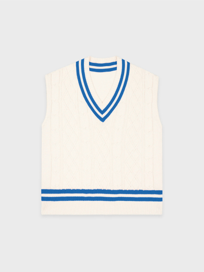 V Neck Knit Vest Pleated Contrast Color Skirt Sets