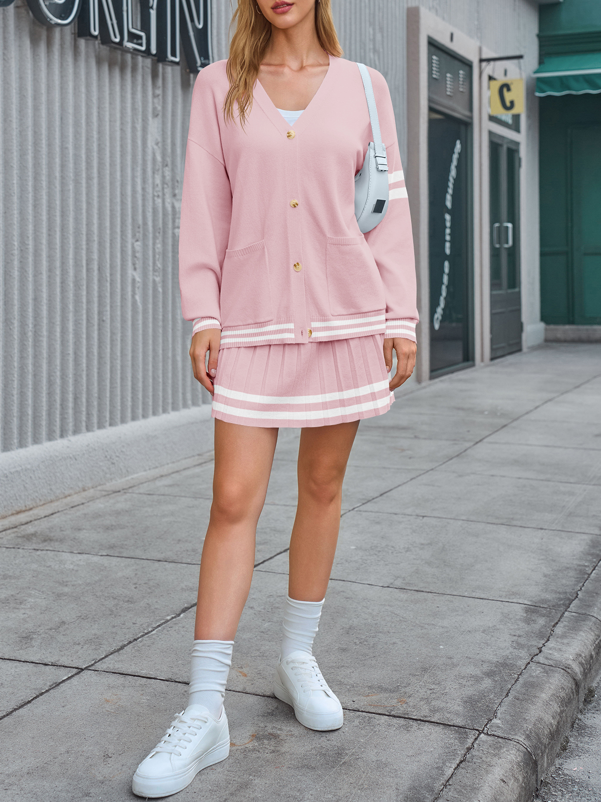 Women Button Down Knit Cardigan Sweaters Pleated Skirt Sets 2 Piece Outfits