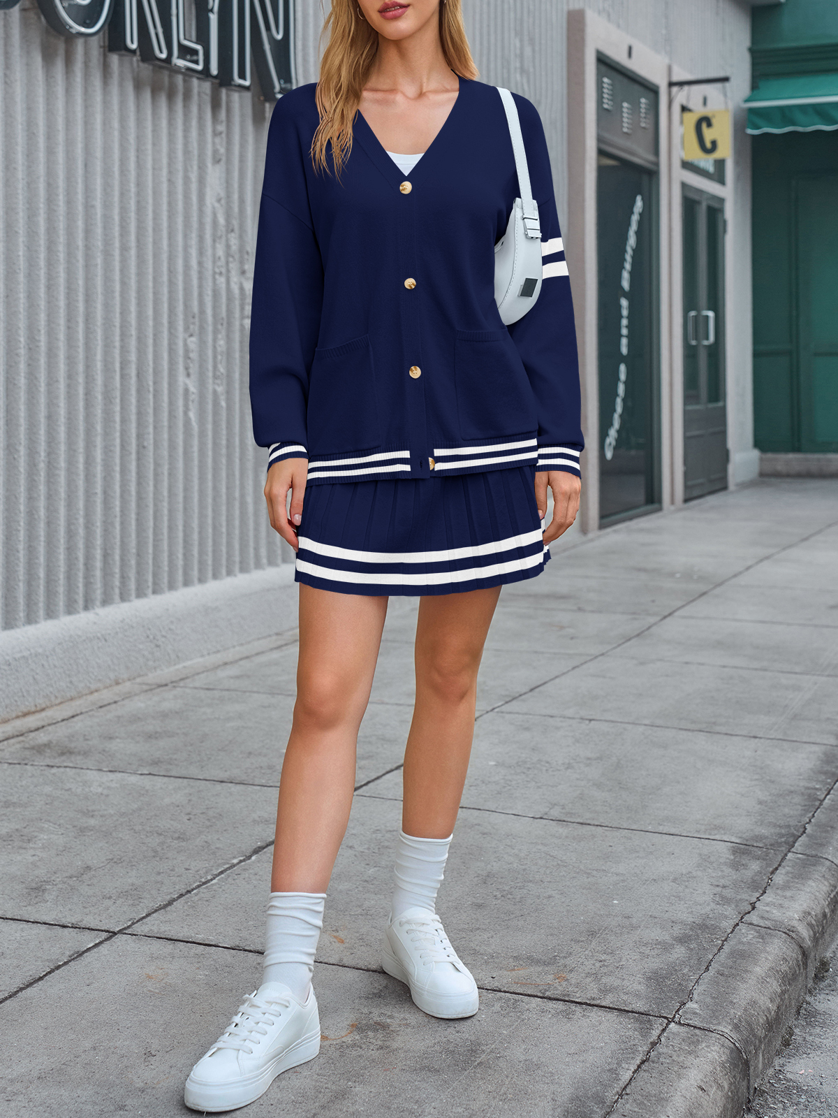 Women Button Down Knit Cardigan Sweaters Pleated Skirt Sets 2 Piece Outfits