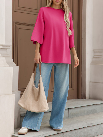 Casual Oversized 3/4 Sleeve Summer Loose Side Slit T Shirts